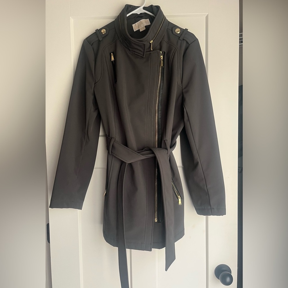 Michael Kors Asymmetrical Zip Belted Trench Coat